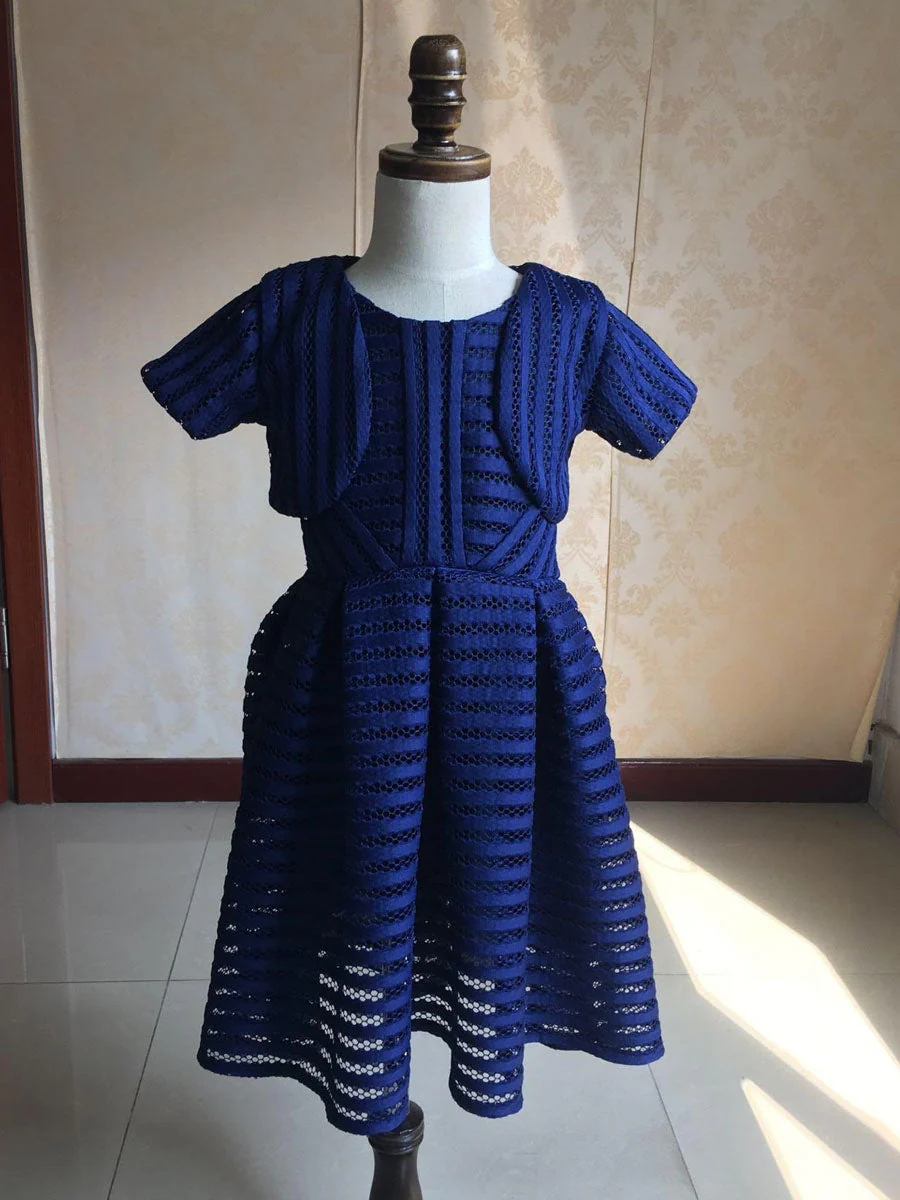 White Jewel Neck Cotton Blend Short Sleeves Tea-Length A-Line Pleated Kids Social Party Dresses - Image 10
