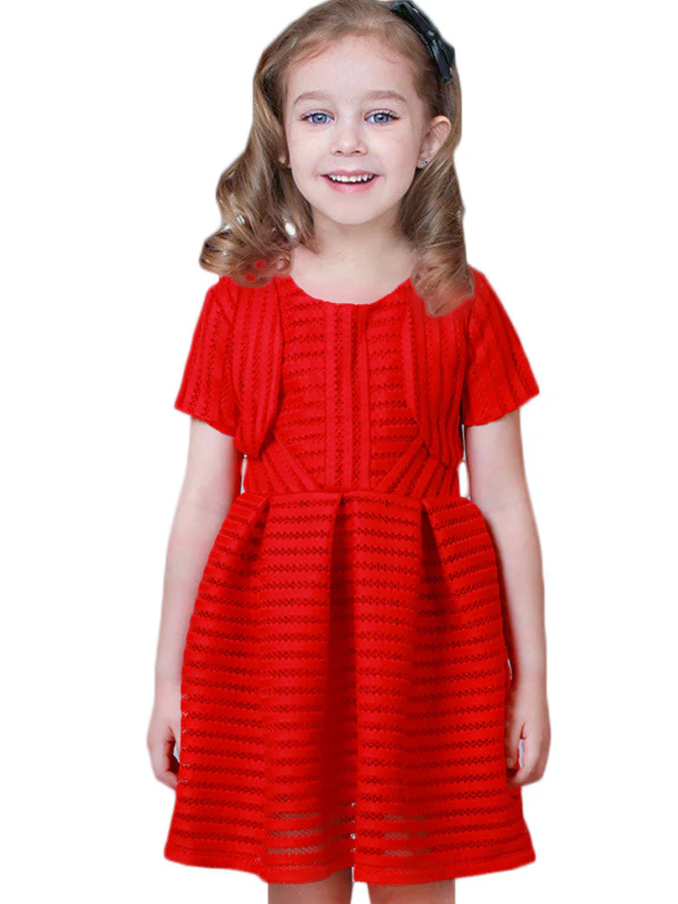White Jewel Neck Cotton Blend Short Sleeves Tea-Length A-Line Pleated Kids Social Party Dresses - Image 2