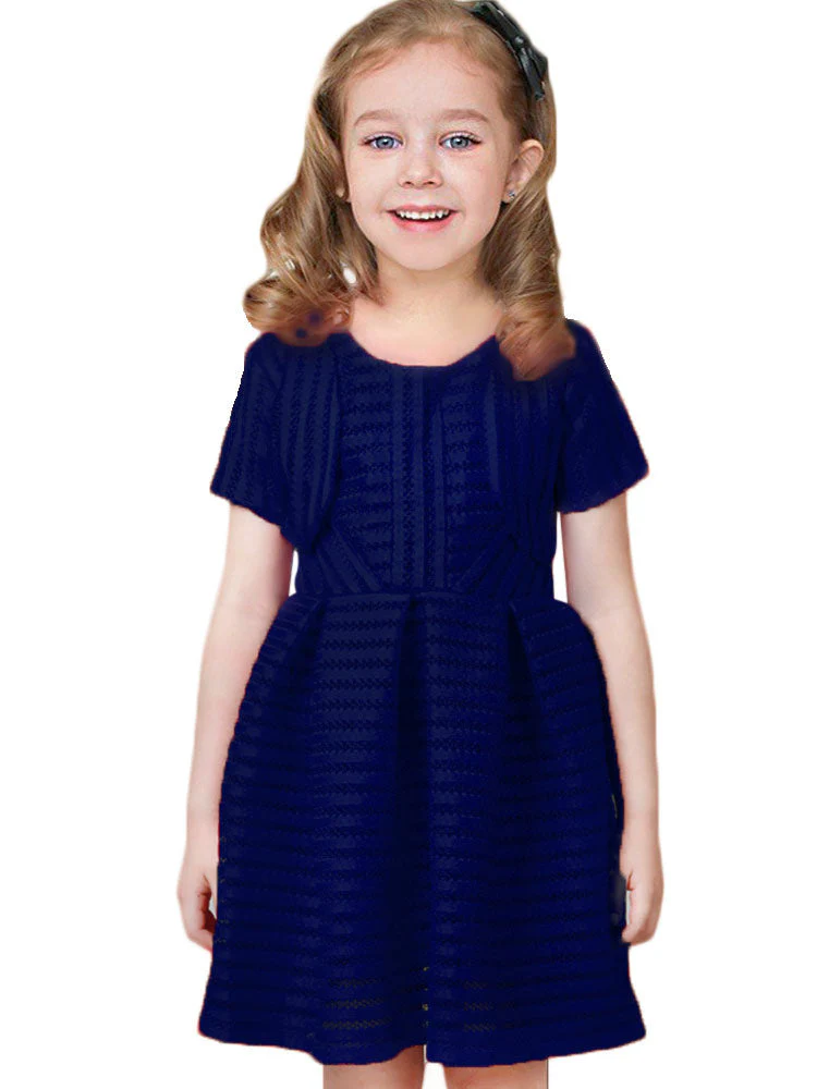 White Jewel Neck Cotton Blend Short Sleeves Tea-Length A-Line Pleated Kids Social Party Dresses - Image 3