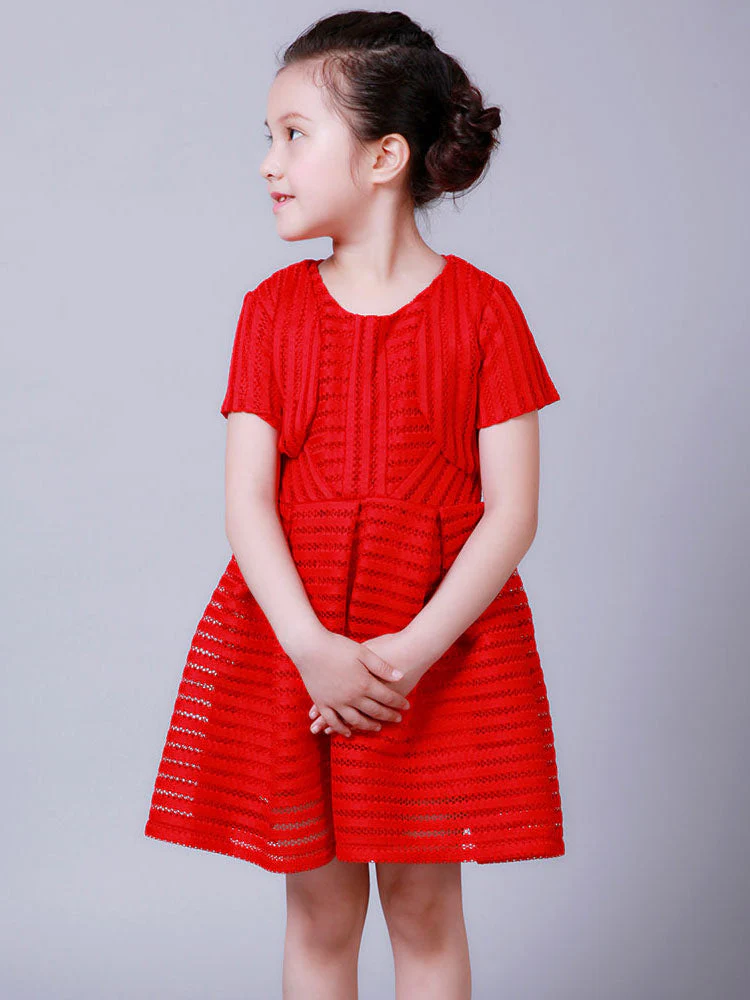 White Jewel Neck Cotton Blend Short Sleeves Tea-Length A-Line Pleated Kids Social Party Dresses - Image 4