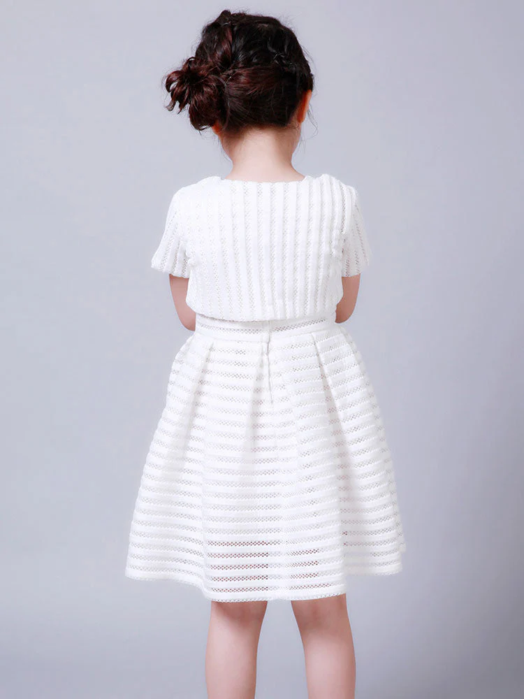 White Jewel Neck Cotton Blend Short Sleeves Tea-Length A-Line Pleated Kids Social Party Dresses - Image 7