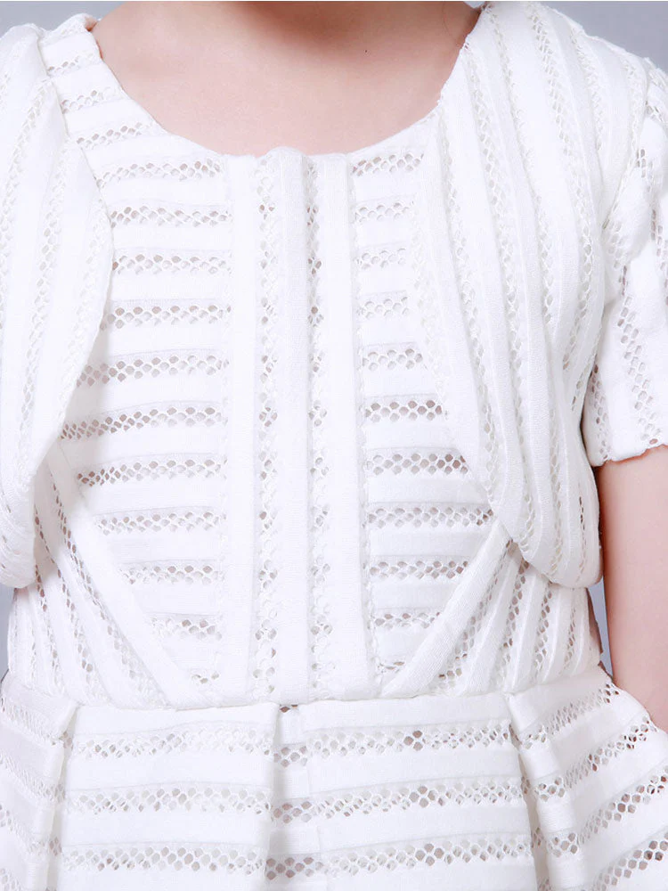 White Jewel Neck Cotton Blend Short Sleeves Tea-Length A-Line Pleated Kids Social Party Dresses - Image 9