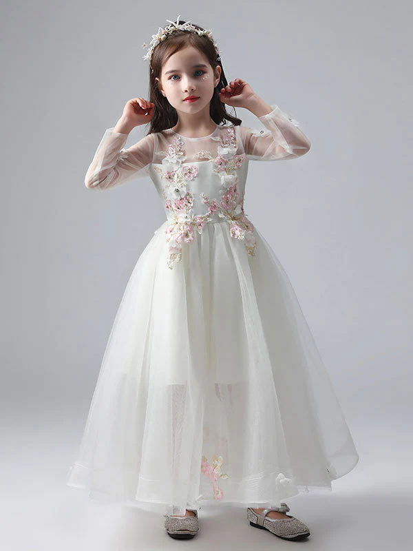 White Jewel Neck Long Sleeves Ankle-Length Princess Dress Tulle Flowers Beaded Embroidered Formal Kids Pageant flower girl dresses - Image 2