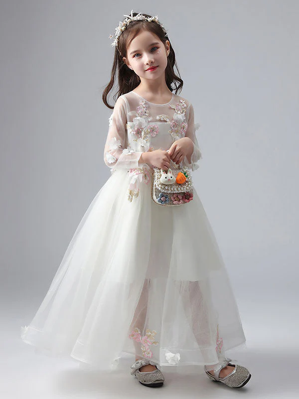 White Jewel Neck Long Sleeves Ankle-Length Princess Dress Tulle Flowers Beaded Embroidered Formal Kids Pageant flower girl dresses - Image 3