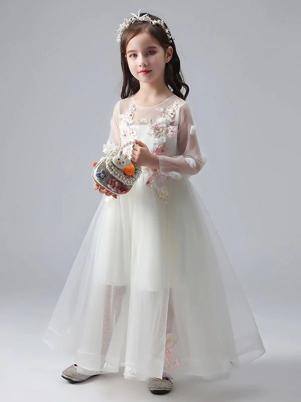 White Jewel Neck Long Sleeves Ankle-Length Princess Dress Tulle Flowers Beaded Embroidered Formal Kids Pageant flower girl dresses - Image 4