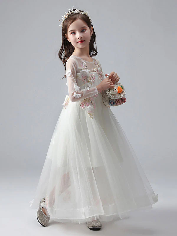 White Jewel Neck Long Sleeves Ankle-Length Princess Dress Tulle Flowers Beaded Embroidered Formal Kids Pageant flower girl dresses - Image 5