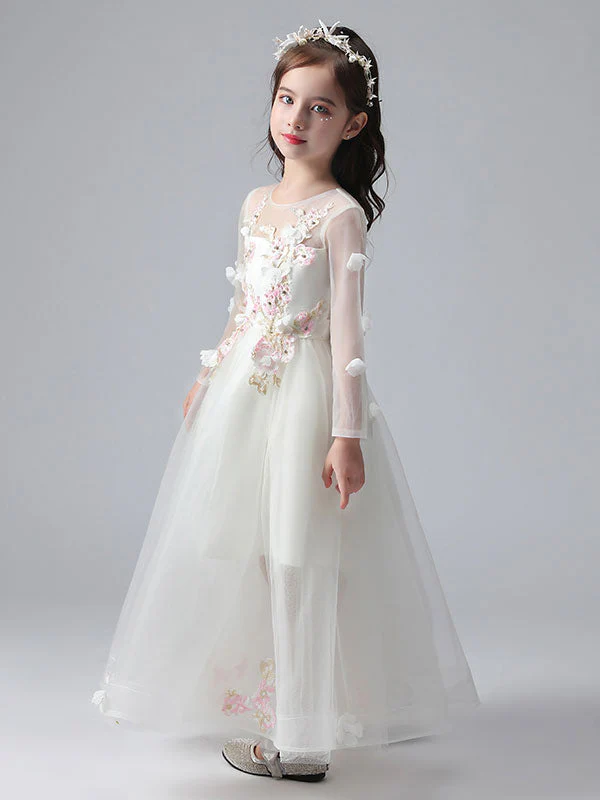 White Jewel Neck Long Sleeves Ankle-Length Princess Dress Tulle Flowers Beaded Embroidered Formal Kids Pageant flower girl dresses - Image 6