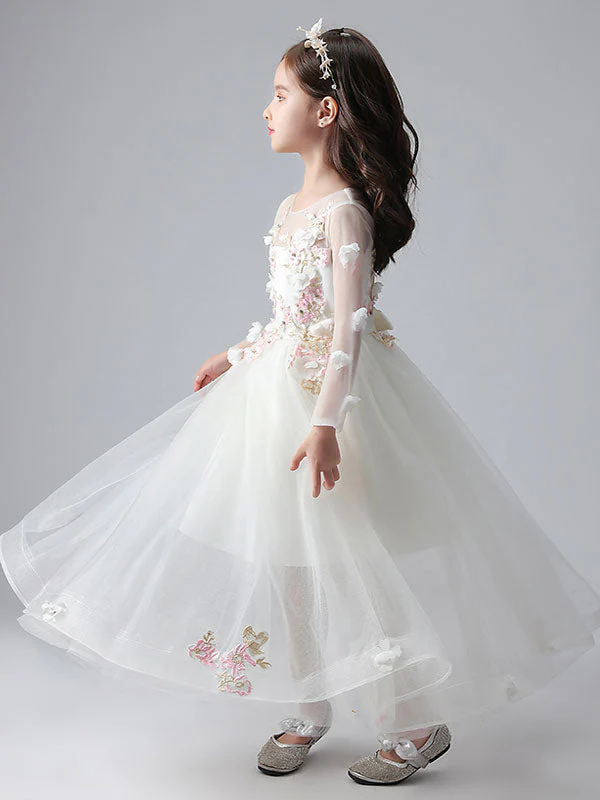 White Jewel Neck Long Sleeves Ankle-Length Princess Dress Tulle Flowers Beaded Embroidered Formal Kids Pageant flower girl dresses - Image 7