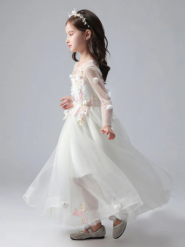 White Jewel Neck Long Sleeves Ankle-Length Princess Dress Tulle Flowers Beaded Embroidered Formal Kids Pageant flower girl dresses - Image 8