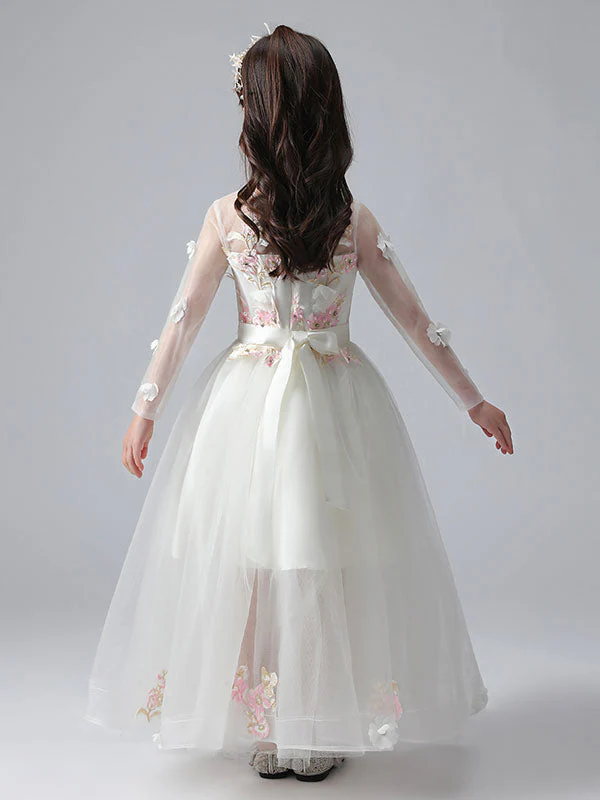 White Jewel Neck Long Sleeves Ankle-Length Princess Dress Tulle Flowers Beaded Embroidered Formal Kids Pageant flower girl dresses - Image 9