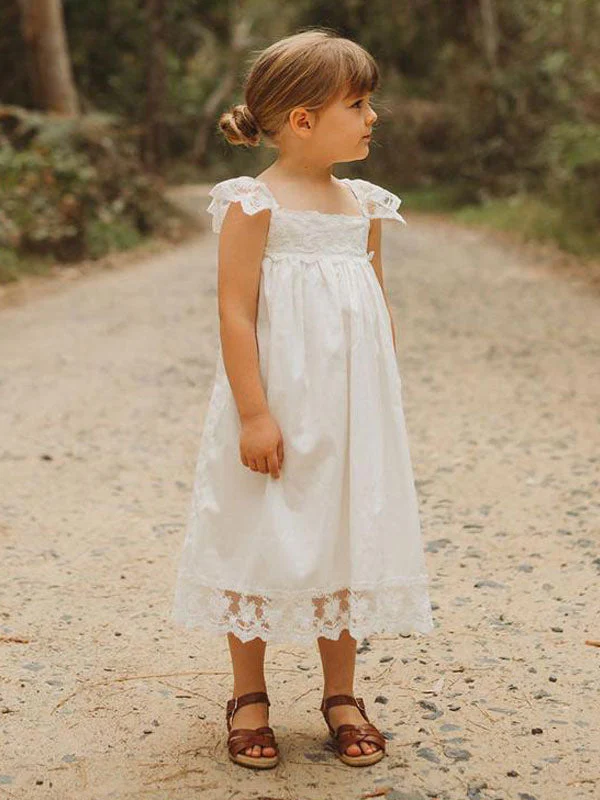 White Jewel Neck Sleeveless Lace Kids Social Party Dresses - Image 2