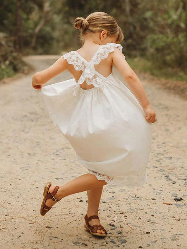 White Jewel Neck Sleeveless Lace Kids Social Party Dresses - Image 3