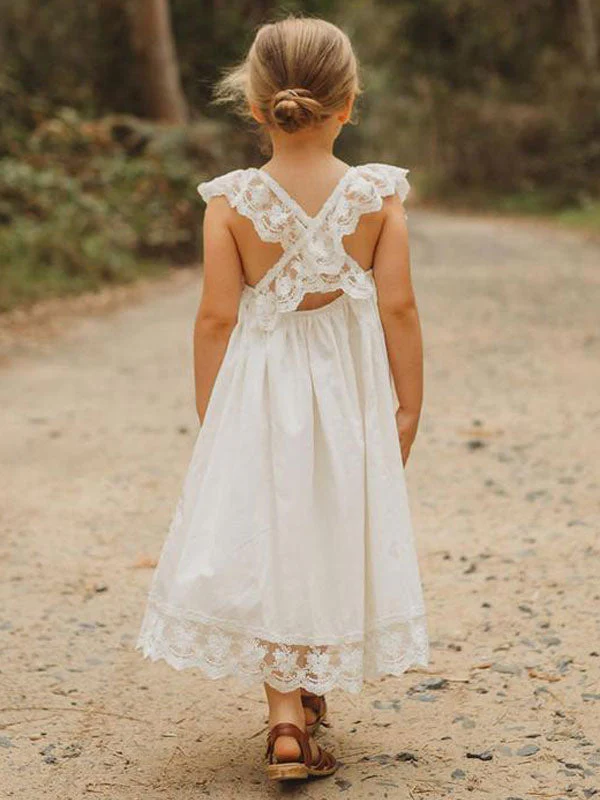 White Jewel Neck Sleeveless Lace Kids Social Party Dresses - Image 4