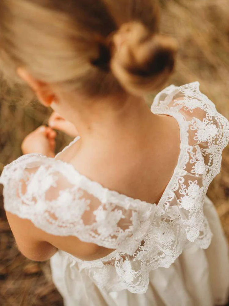 White Jewel Neck Sleeveless Lace Kids Social Party Dresses - Image 7