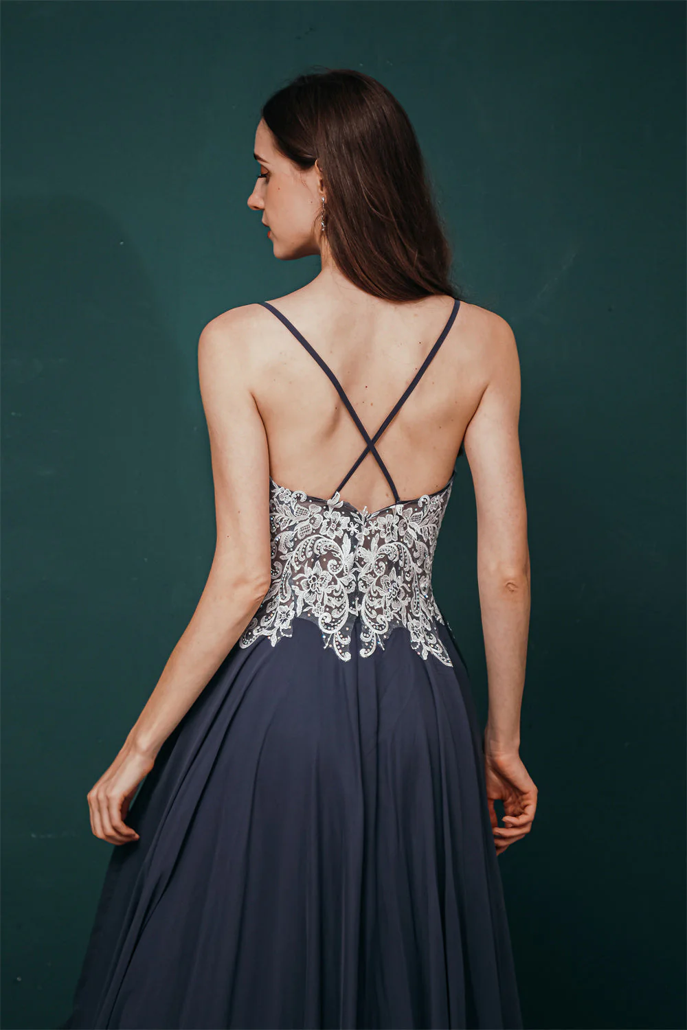 White Lace SPAGHETTI STRAPS High Split Mint green Evening Dress - Image 10