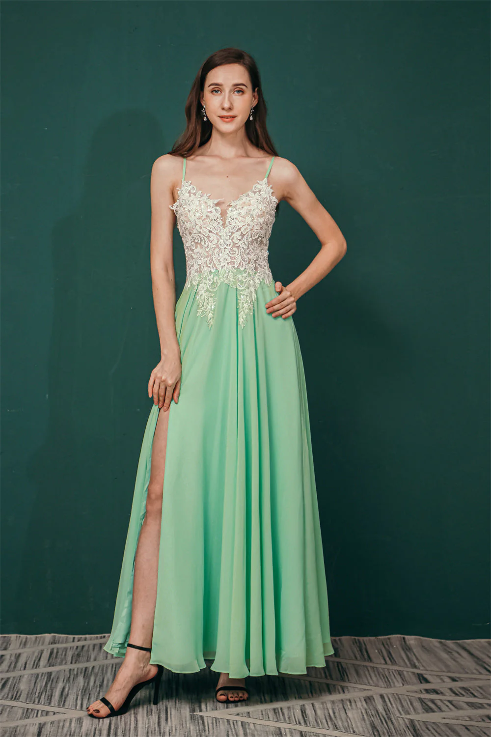 White Lace SPAGHETTI STRAPS High Split Mint green Evening Dress - Image 11