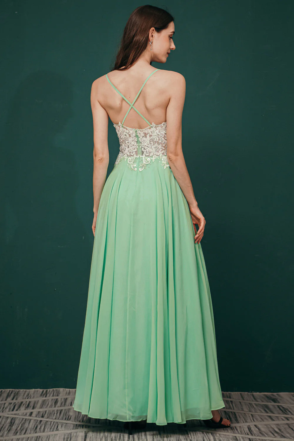 White Lace SPAGHETTI STRAPS High Split Mint green Evening Dress - Image 3