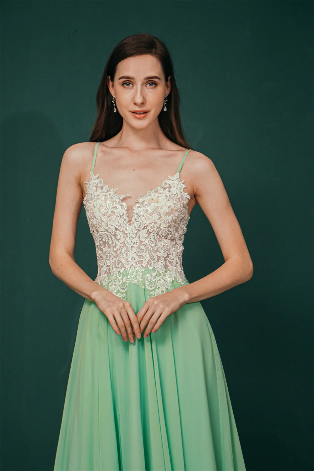 White Lace SPAGHETTI STRAPS High Split Mint green Evening Dress - Image 4