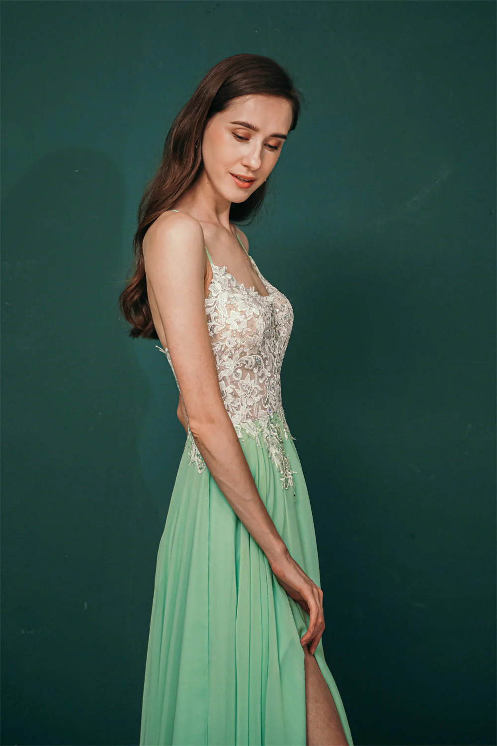 White Lace SPAGHETTI STRAPS High Split Mint green Evening Dress - Image 6