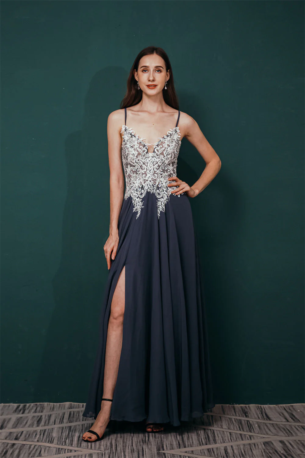 White Lace SPAGHETTI STRAPS High Split Mint green Evening Dress - Image 7