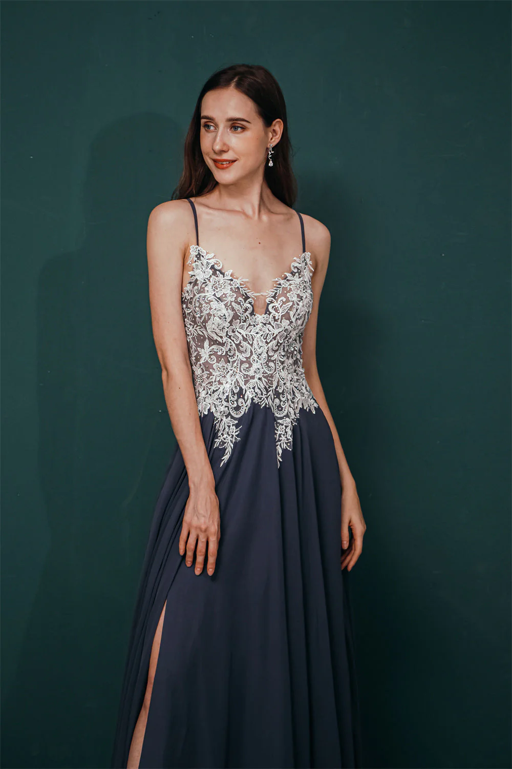 White Lace SPAGHETTI STRAPS High Split Mint green Evening Dress - Image 8