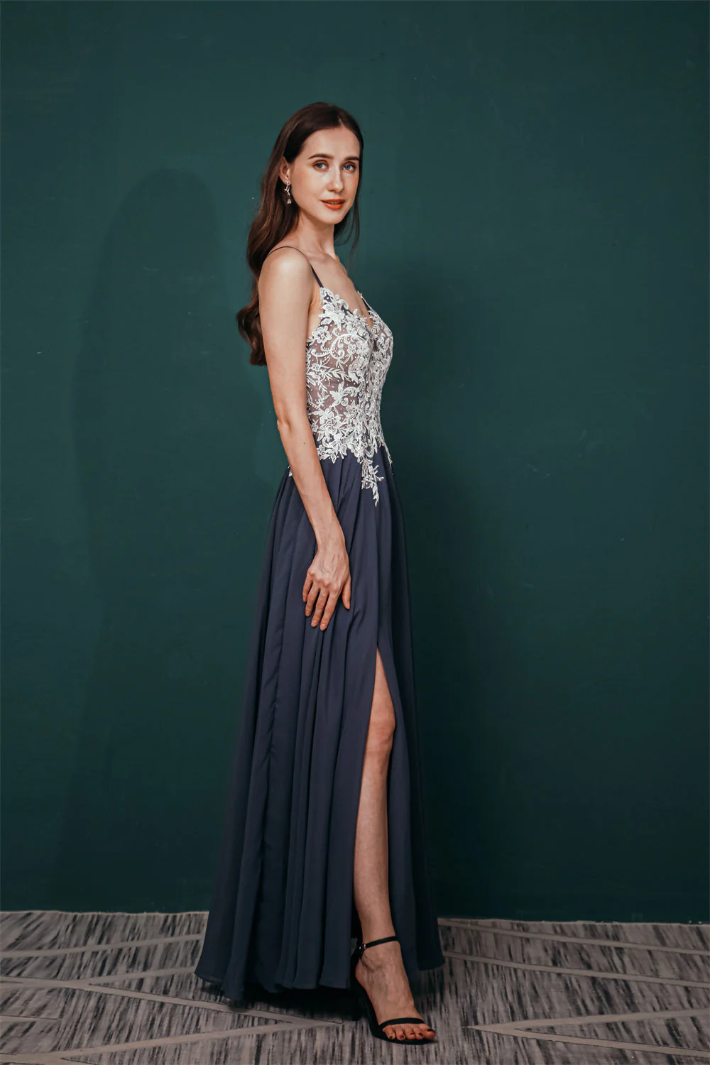 White Lace SPAGHETTI STRAPS High Split Mint green Evening Dress - Image 9