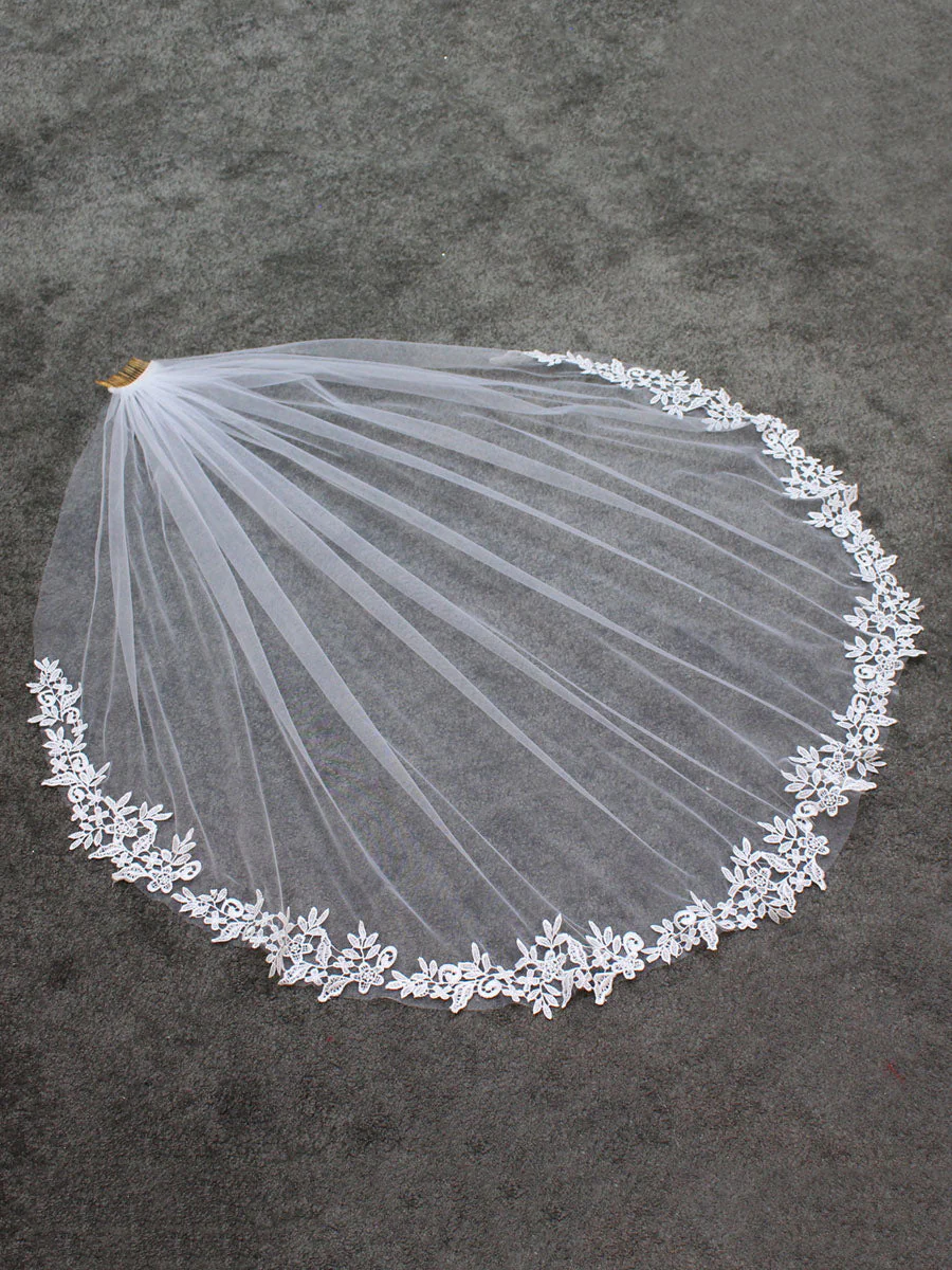 White Lace Tulle Veil Applique Edge Drop Wedding Veil - Image 5
