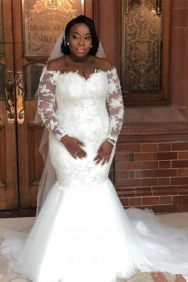 White Long Sleeves Off the shoulder Mermaid Lace Wedding Dresses - Image 2