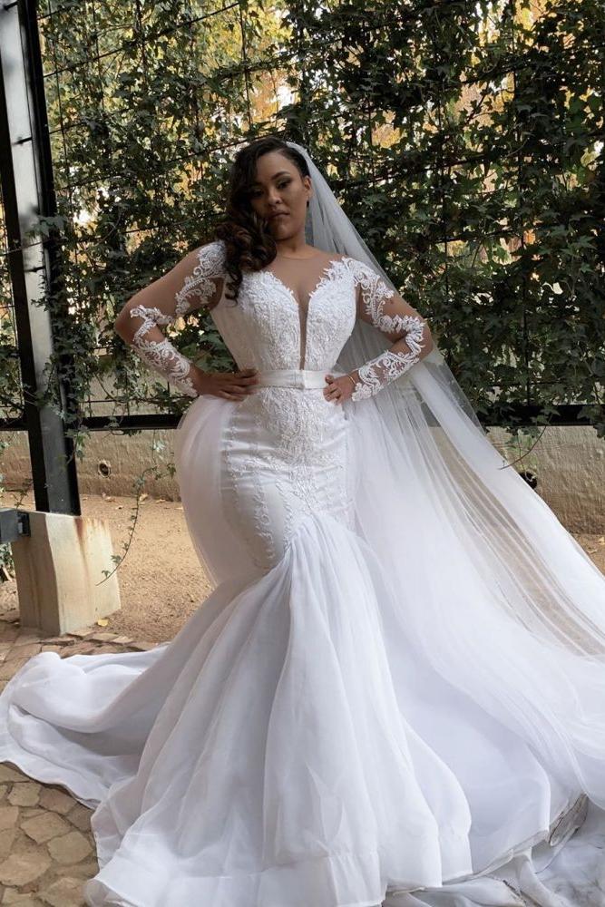 White Long Sleevess Plus size Mermaid Belt Wedding Dresses - Image 2