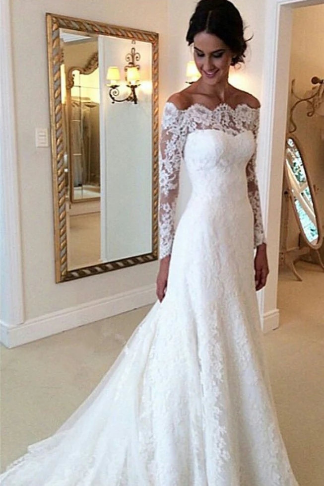 White Off the shoulder Lace Long Sleeves Bridal Gowns Sheath Simple Custom Made Wedding Dresses - Image 2