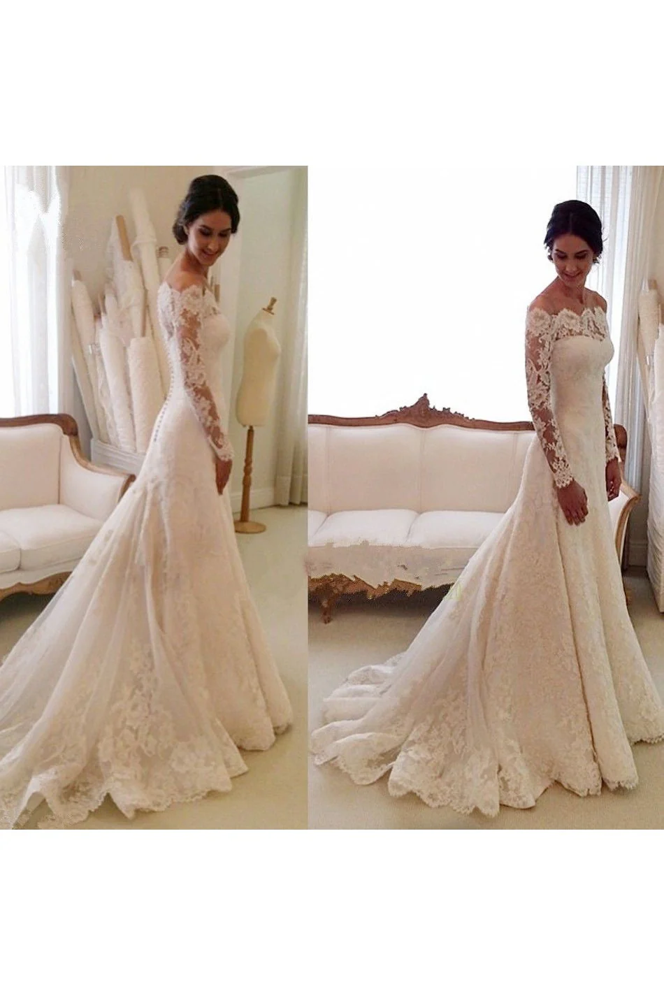 White Off the shoulder Lace Long Sleeves Bridal Gowns Sheath Simple Custom Made Wedding Dresses - Image 3
