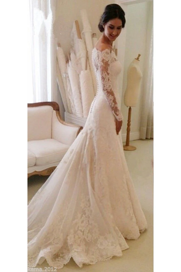 White Off the shoulder Lace Long Sleeves Bridal Gowns Sheath Simple Custom Made Wedding Dresses - Image 4