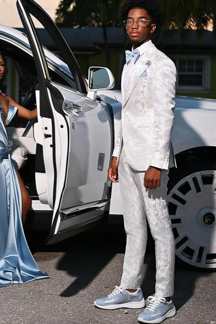 White Peaked Lapel Bespoke Jacquard Prom Suit - Image 2