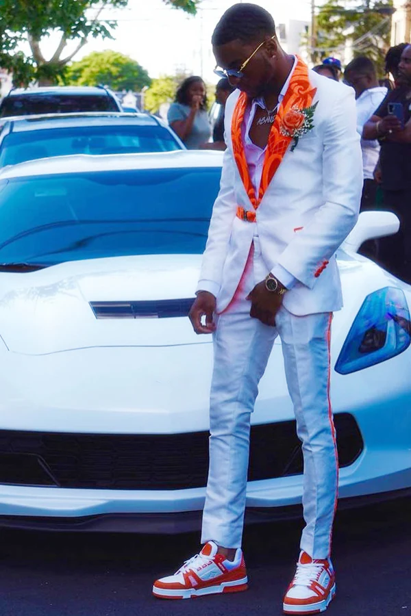 White Prom Suit with Orange Jacquard Peaked Lapel - Image 2