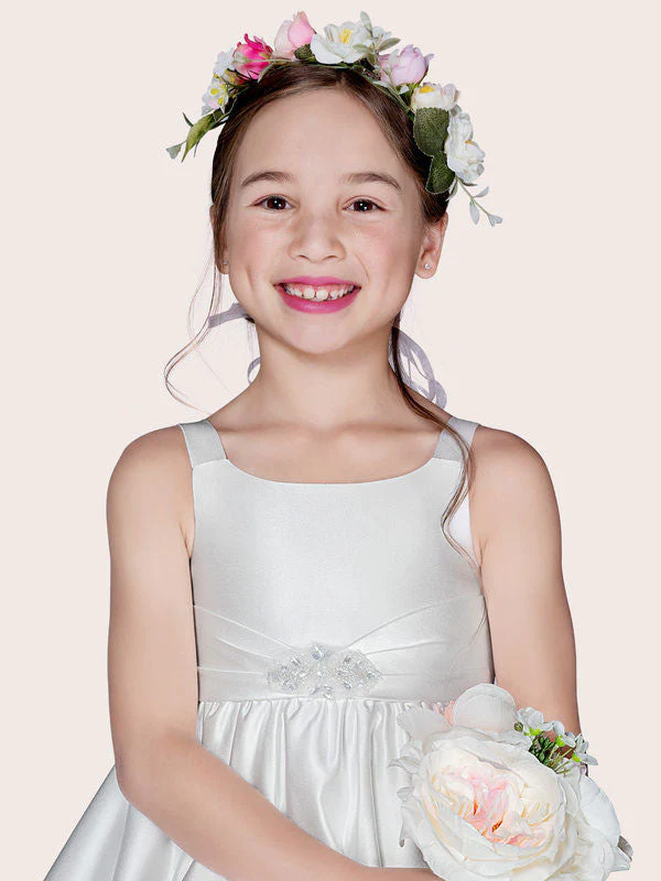 White Satin Fabric Jewel Neck Sleeveless Beaded Formal Kids Pageant flower girl dresses - Image 3
