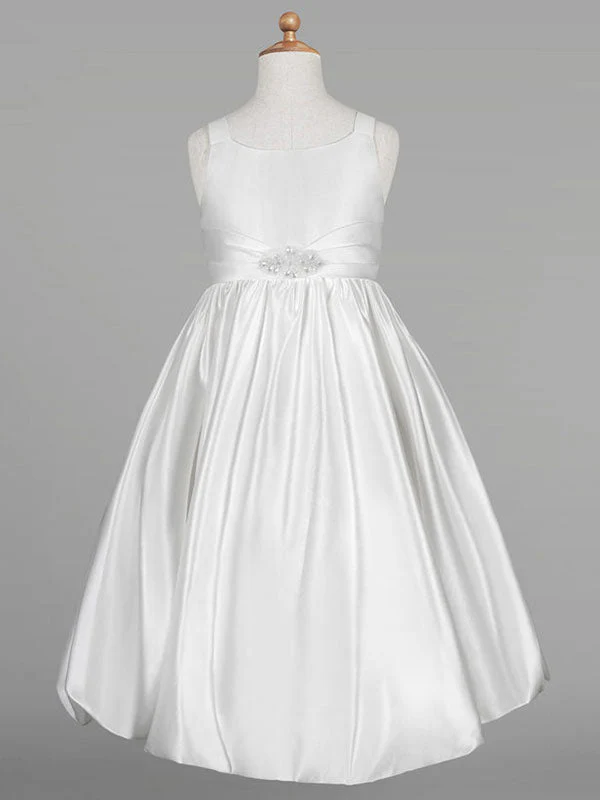 White Satin Fabric Jewel Neck Sleeveless Beaded Formal Kids Pageant flower girl dresses - Image 5