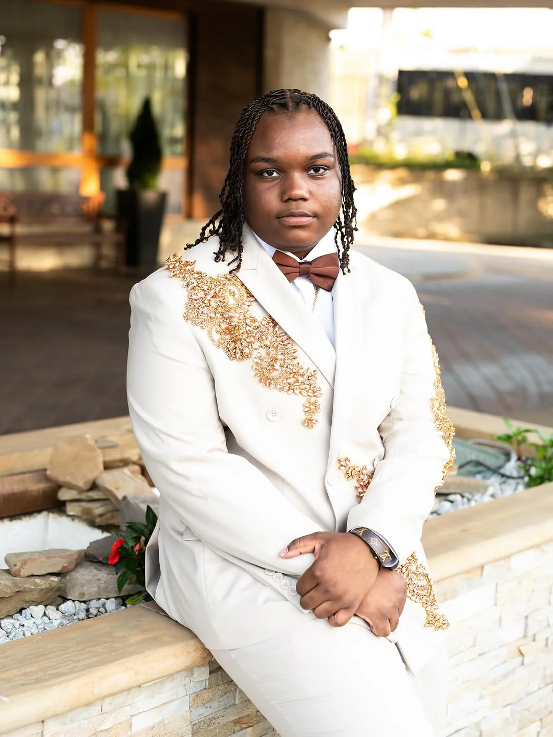 White Shawl Collar 2 Pieces Prom Suits One Button With Gold Beading - Image 3