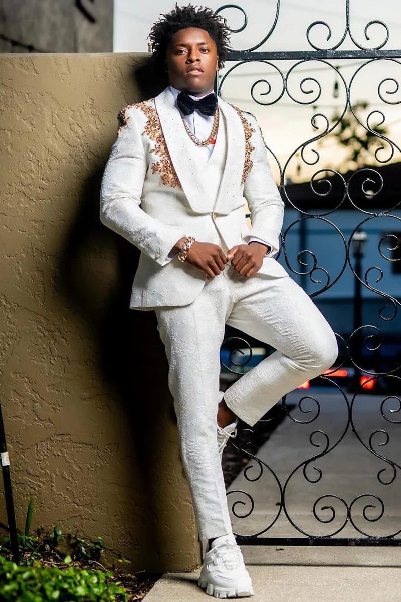 White Shawl Lapel 3-Piece Jacquard Prom Suit with Gold Beading - Image 2