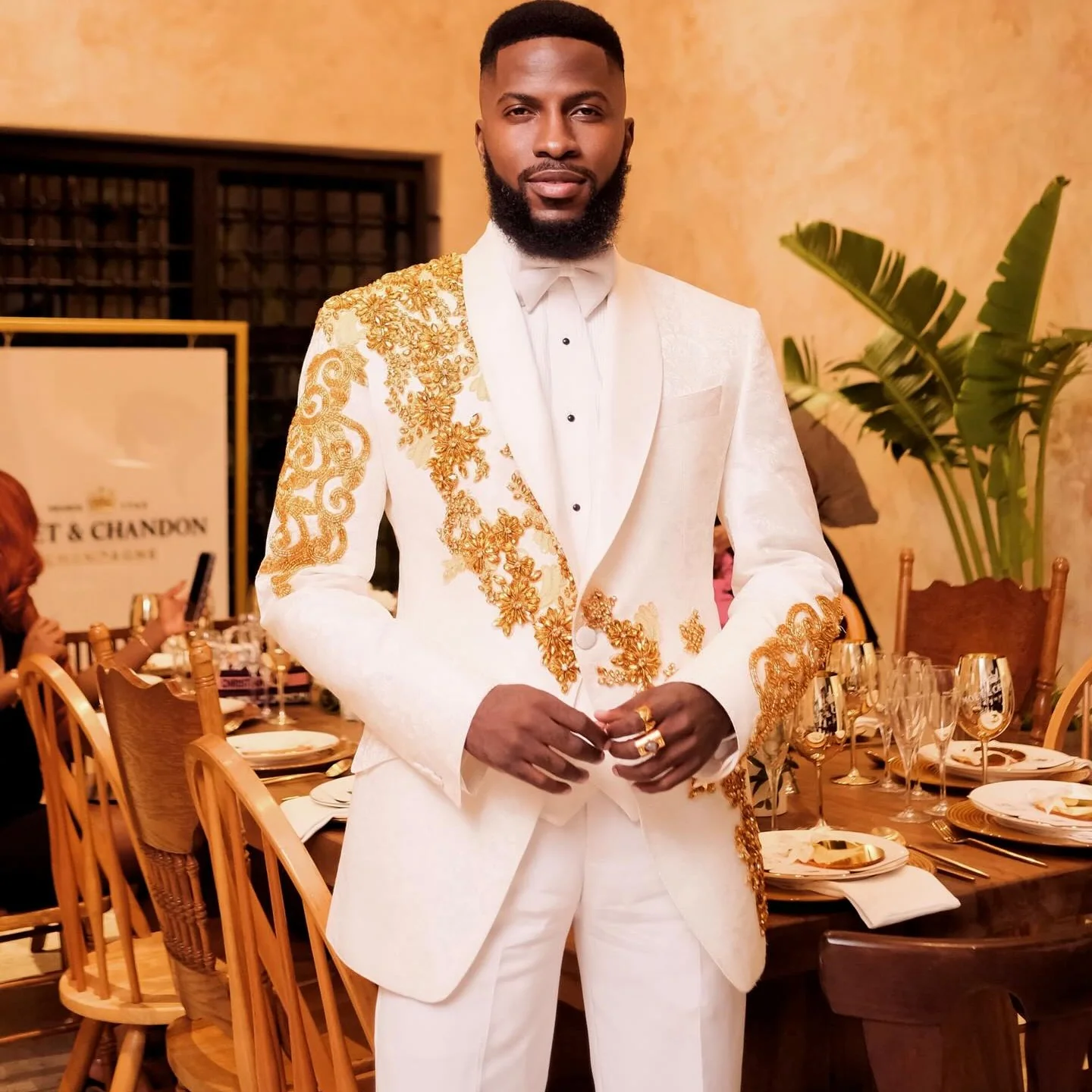 White Shawl Lapel 3-Piece Prom Suit with Golden Beading - Image 2