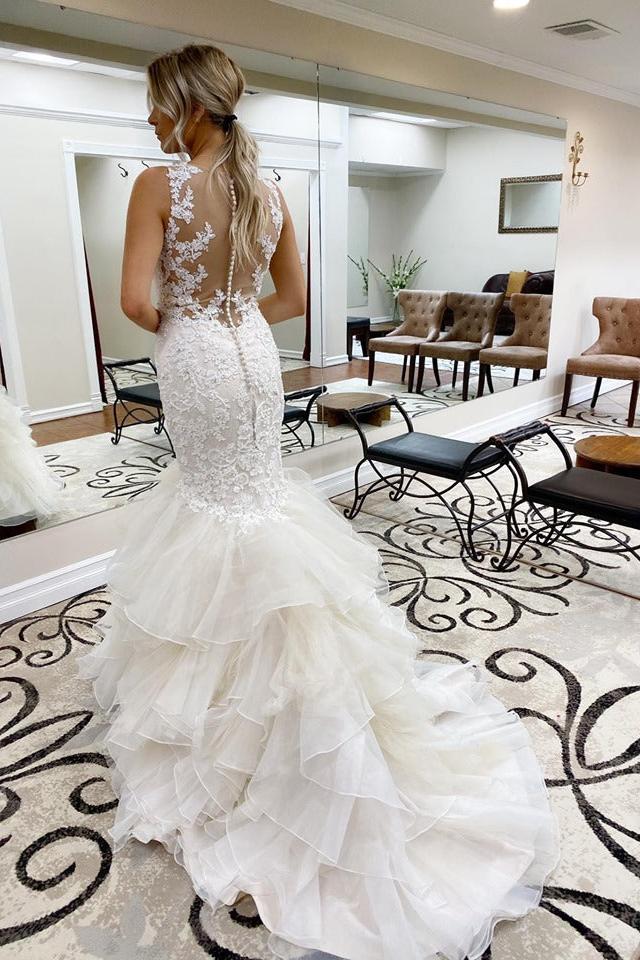 White Sleeveless V neck Wedding Dress with multi layers train - Image 2