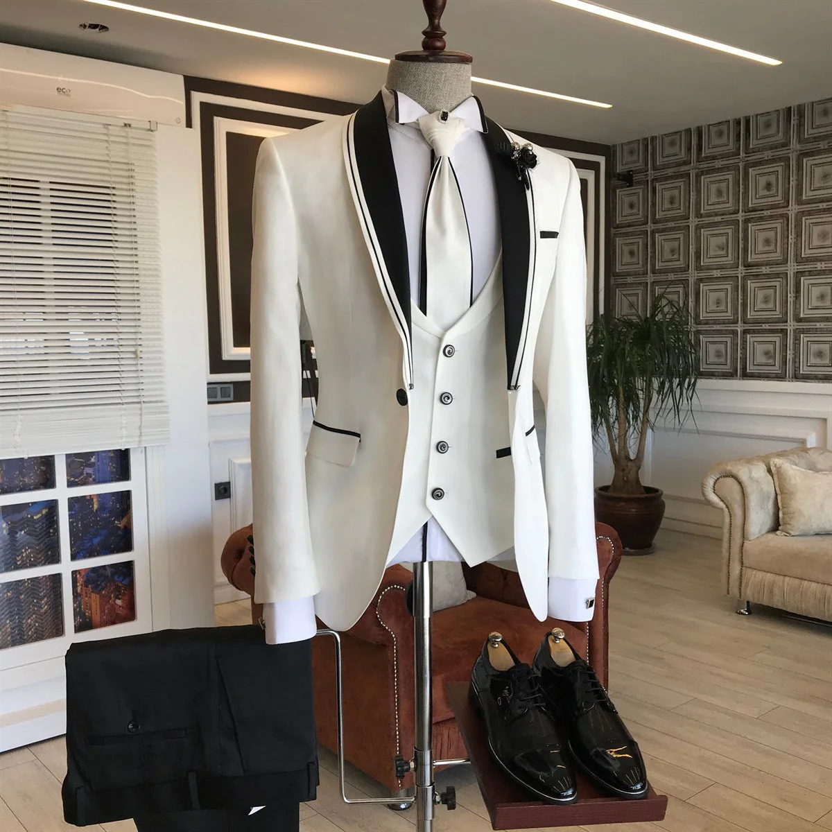 White Slim Fit Bespoke Wedding Men Suits with Black Shawl Lapel - Image 2