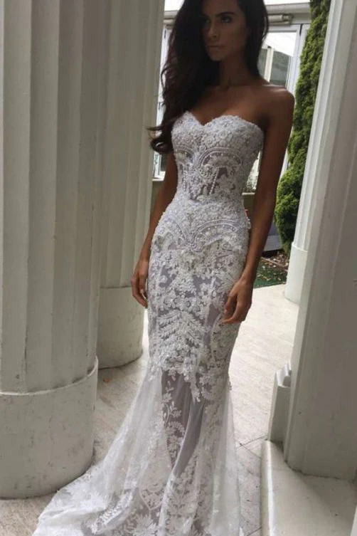 White Sweetheart Neck Sheer Lace Appliques Mermaid Wedding Dresses - Image 2