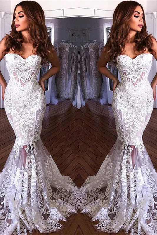 White Sweetheart Neck Sheer Lace Appliques Mermaid Wedding Dresses - Image 3