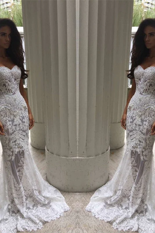White Sweetheart Neck Sheer Lace Appliques Mermaid Wedding Dresses - Image 4