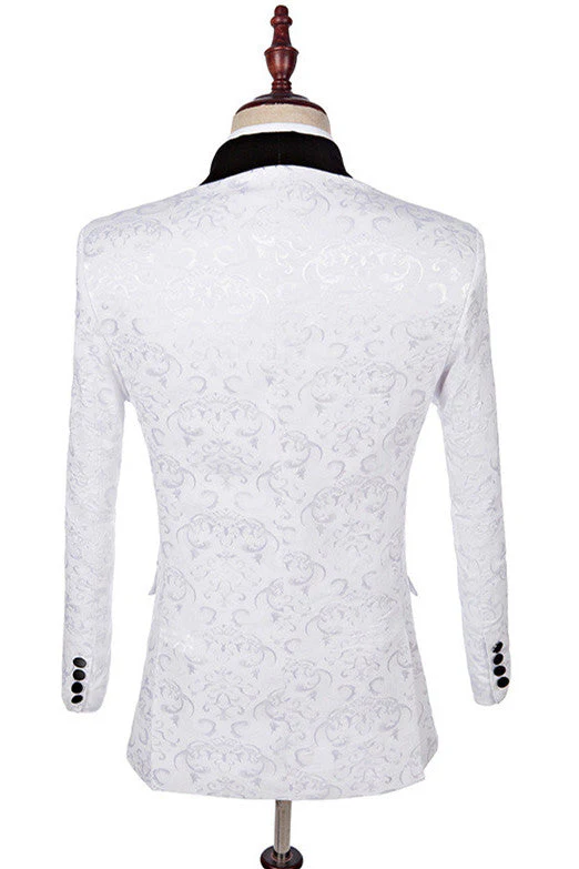 White Three Pieces Fashion Jacquard Shawl Lapel Wedding Suits - Image 2