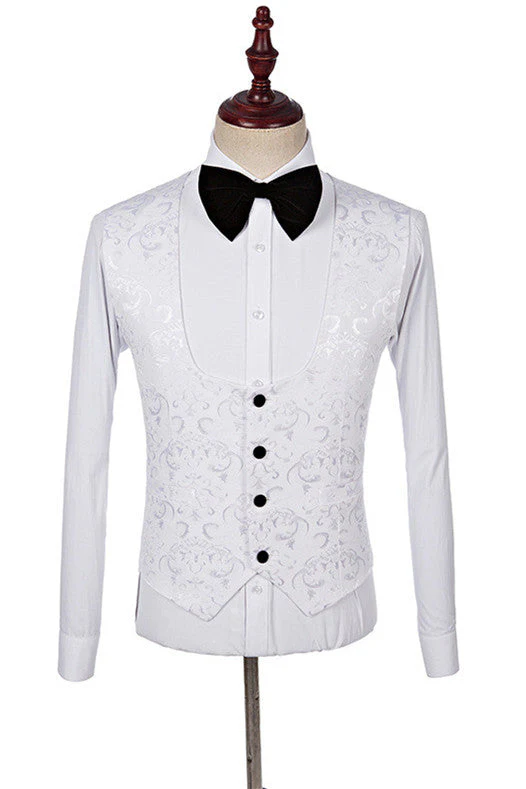White Three Pieces Fashion Jacquard Shawl Lapel Wedding Suits - Image 3