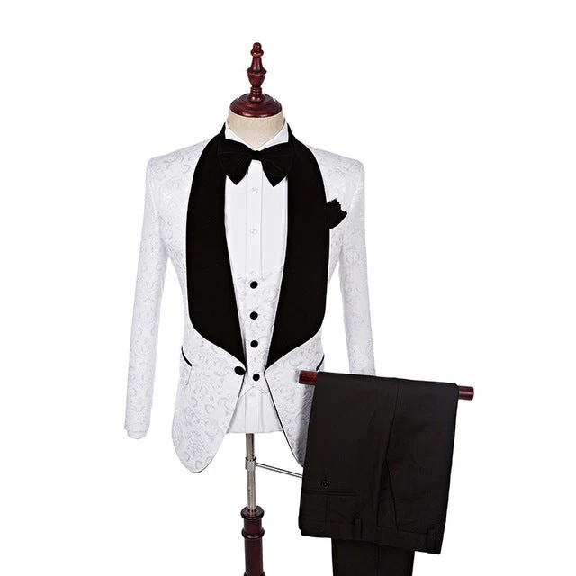 White Three Pieces Fashion Jacquard Shawl Lapel Wedding Suits - Image 4