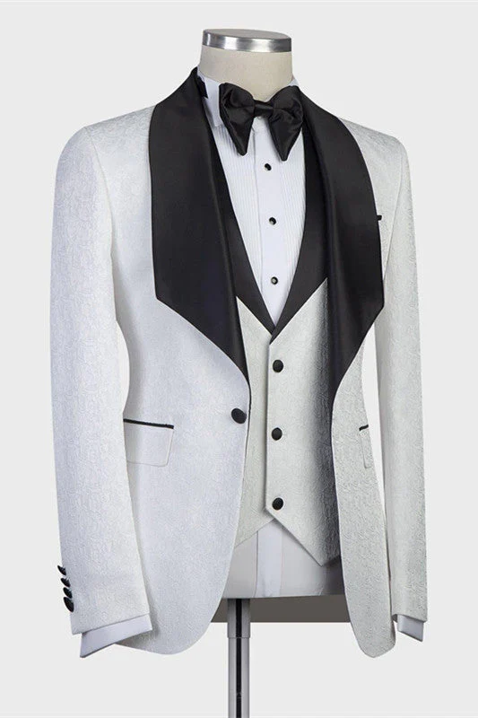 White Three-pieces Jacaquard Wedding Groom Suits with Black Shawl Lapel - Image 2