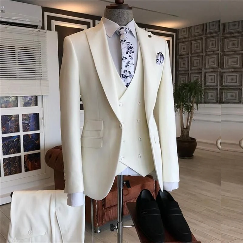 White Three Pieces Peaked Lapel Bespoke Men Suits for Wedding - Image 2