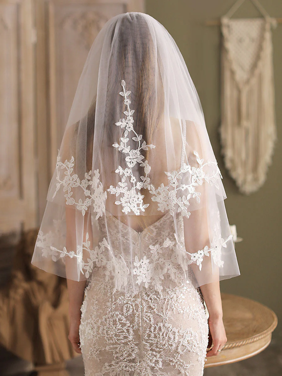 White Tulle Wedding Veils Two-Tier Lace Drop Bridal Veils - Image 4